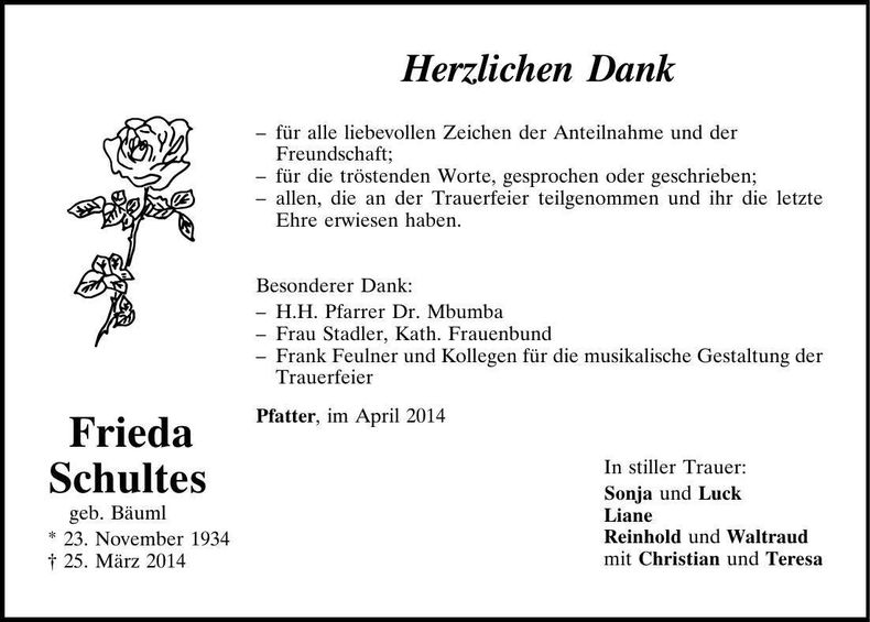 Traueranzeige Frieda Schultes