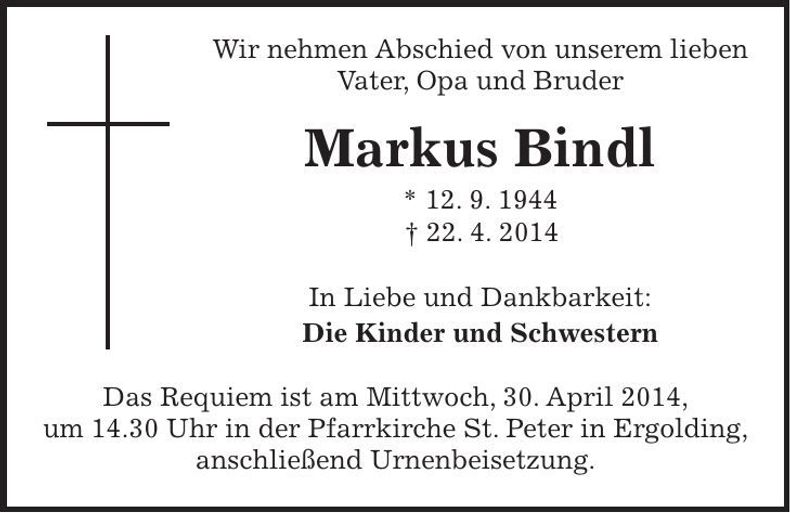 Traueranzeige Markus Bindl