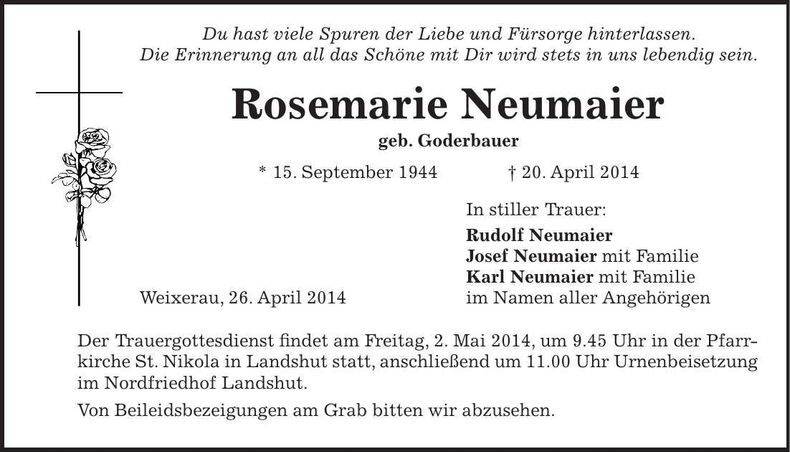 Traueranzeige Rosemarie Neumaier