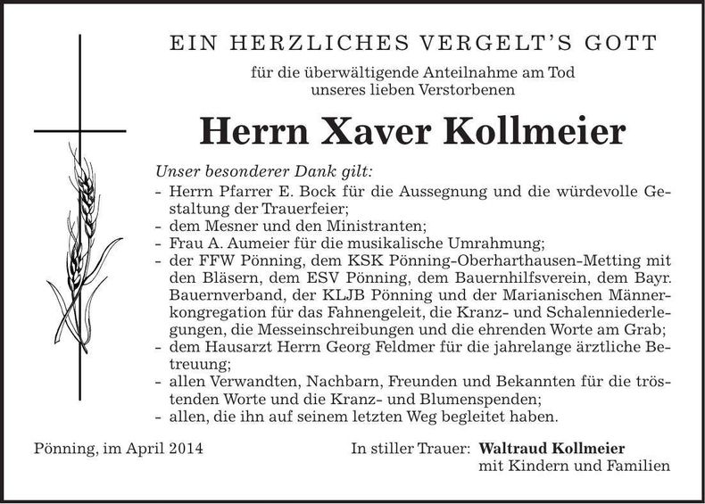 Traueranzeige Xaver Kollmeier