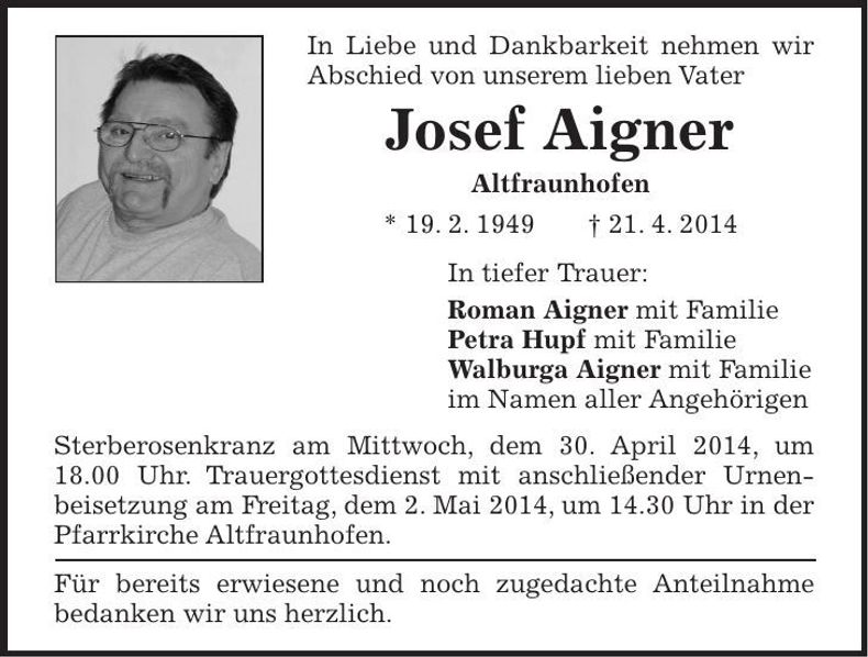 Traueranzeige Josef Aigner