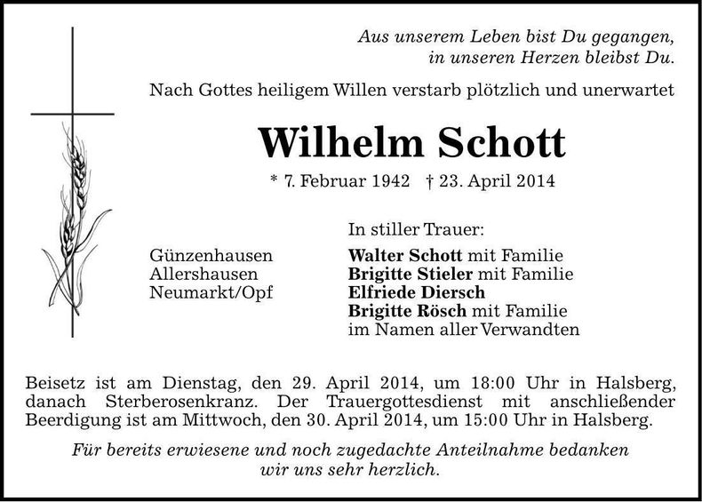 Traueranzeige Wilhelm Schott