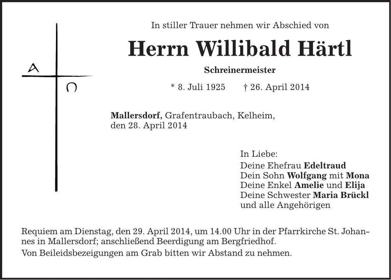 Traueranzeige Willibald Härtl