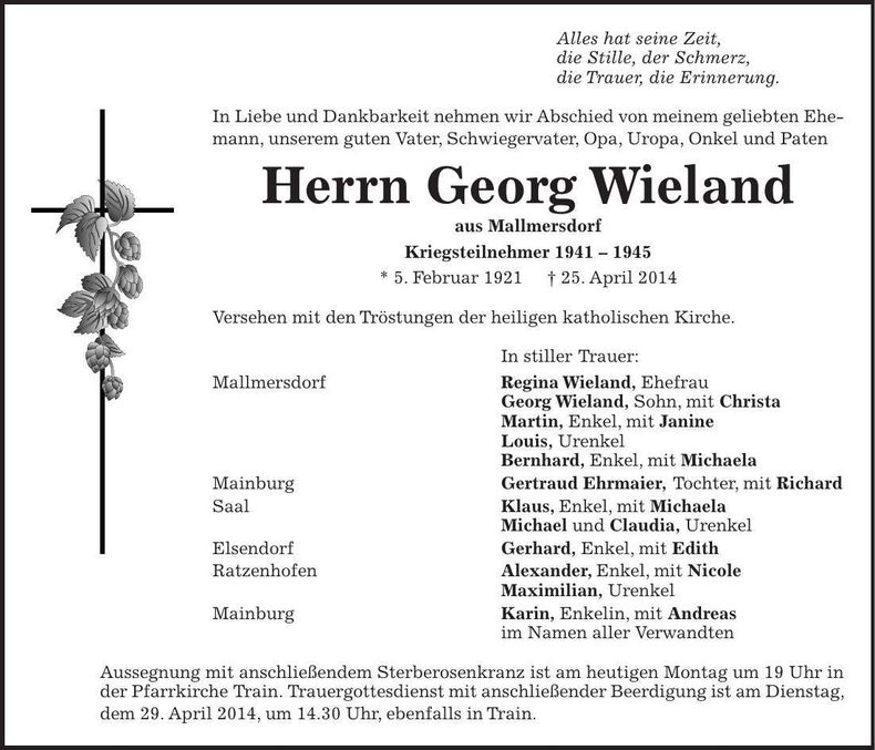 Traueranzeige Georg Wieland