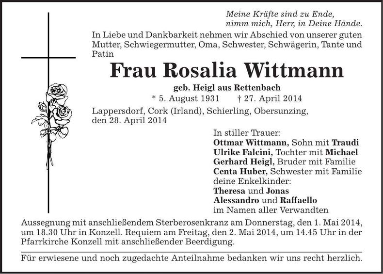 Traueranzeige Rosalia Wittmann