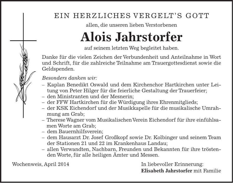 Traueranzeige Alois Jahrstorfer