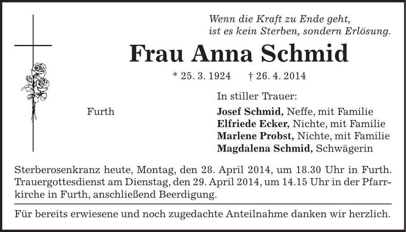 Traueranzeige Anna Schmid