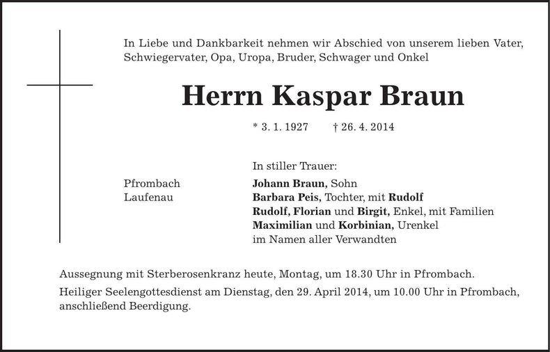 Traueranzeige Kaspar Braun
