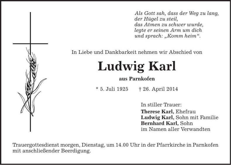 Traueranzeige Ludwig Karl