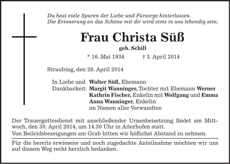 Traueranzeige Christa Süß