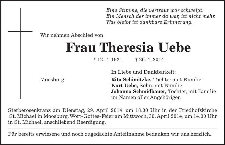 Traueranzeige Theresia Uebe