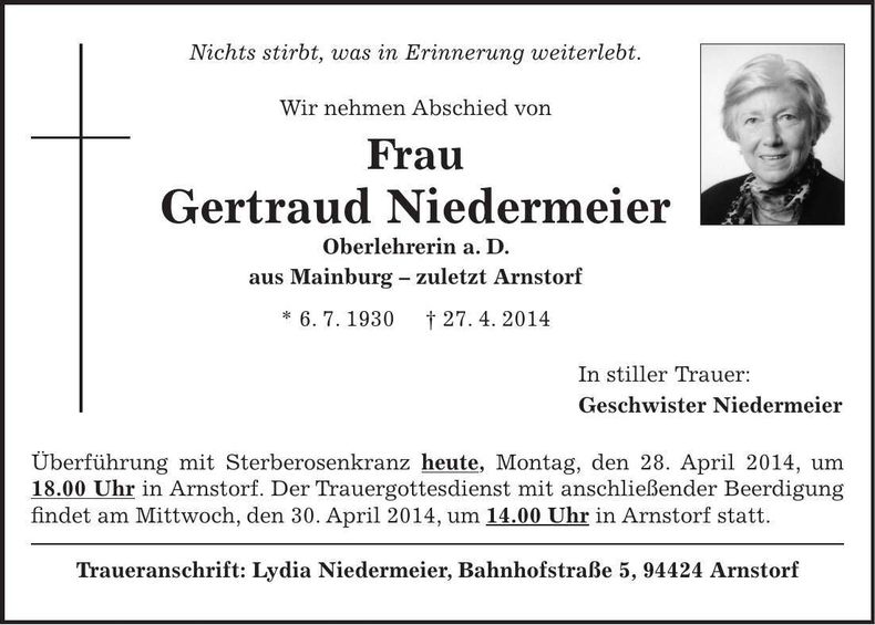 Traueranzeige Gertraud Niedermeier