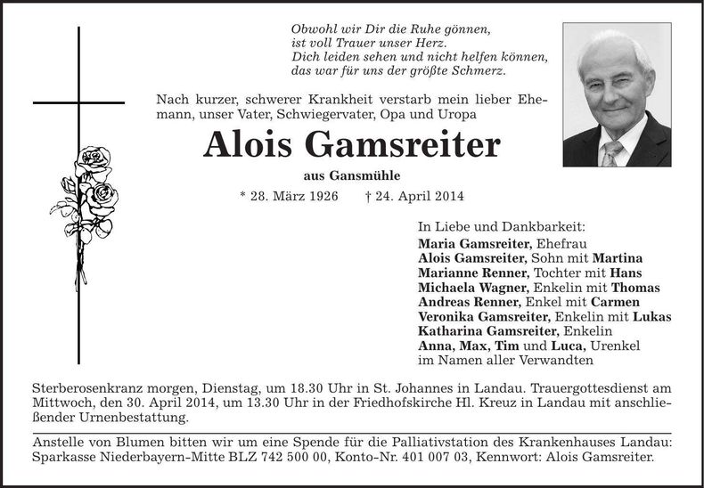 Traueranzeige Alois Gamsreiter