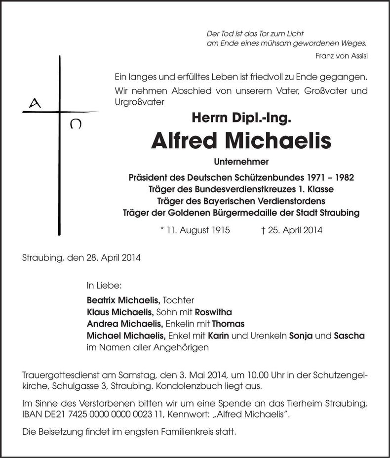 Traueranzeige Alfred Michaelis