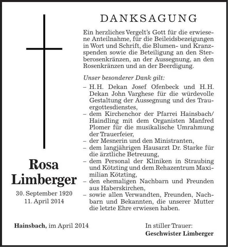 Traueranzeige Rosa Limberger