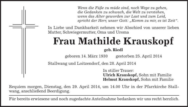 Traueranzeige Mathilde Krauskopf