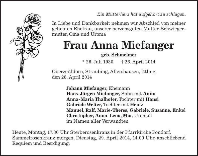 Traueranzeige Anna Miefanger