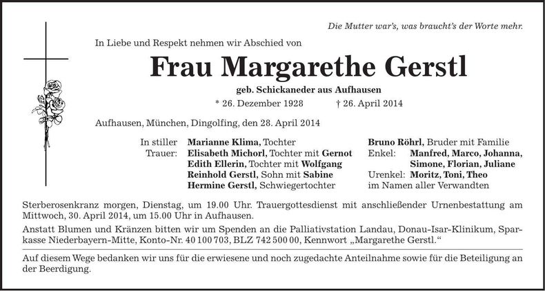 Traueranzeige Margarethe Gerstl