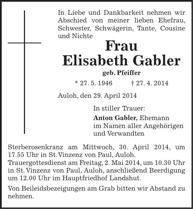 Traueranzeige Elisabeth Gabler