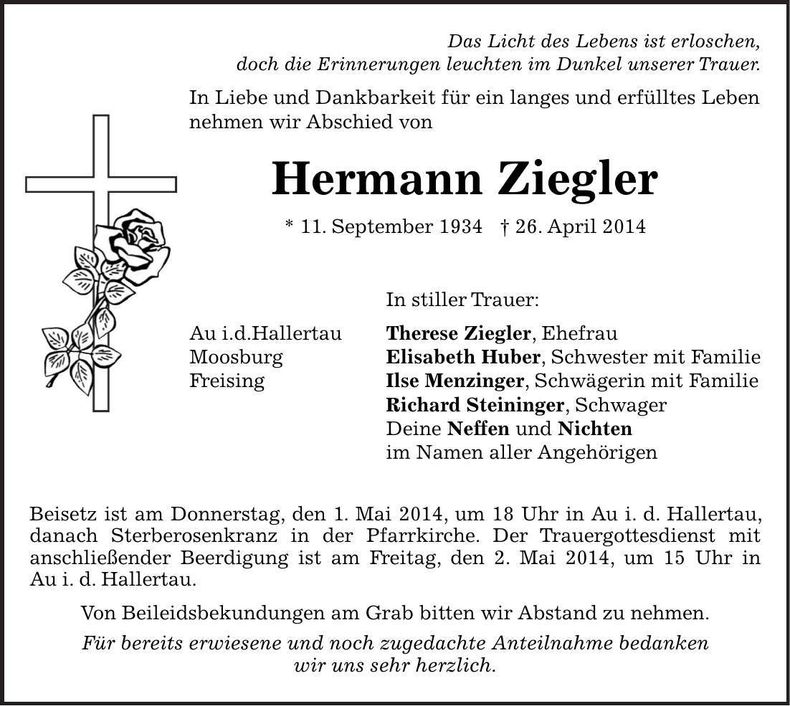 Traueranzeige Hermann Ziegler