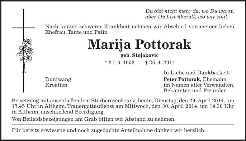 Traueranzeige Marija Pottrak