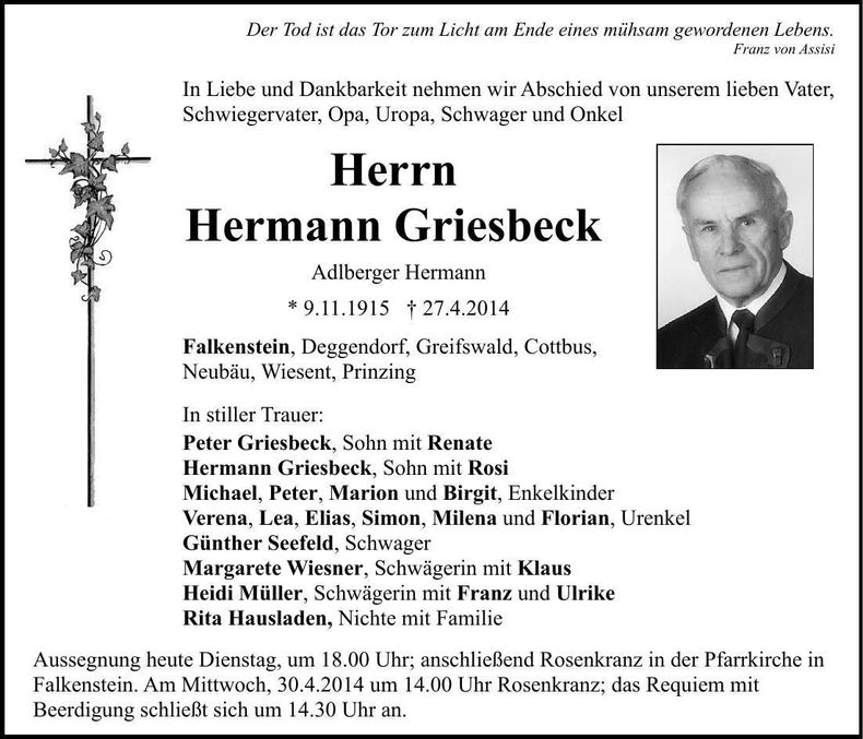 Traueranzeige Hermann Griesbeck