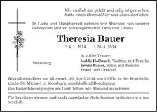 Traueranzeige Theresia Bauer