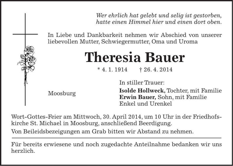 Traueranzeige Theresia Bauer