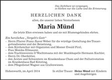 Traueranzeige Maria Münd