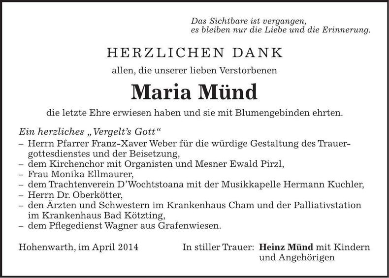 Traueranzeige Maria Münd