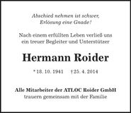 Traueranzeige Hermann Roider