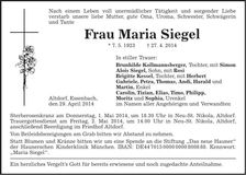 Traueranzeige Maria Siegel