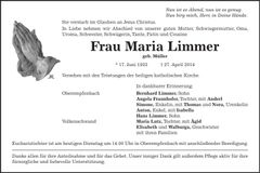 Traueranzeige Maria Limmer