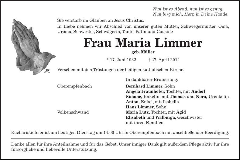 Traueranzeige Maria Limmer