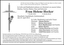 Traueranzeige Helene Hecker
