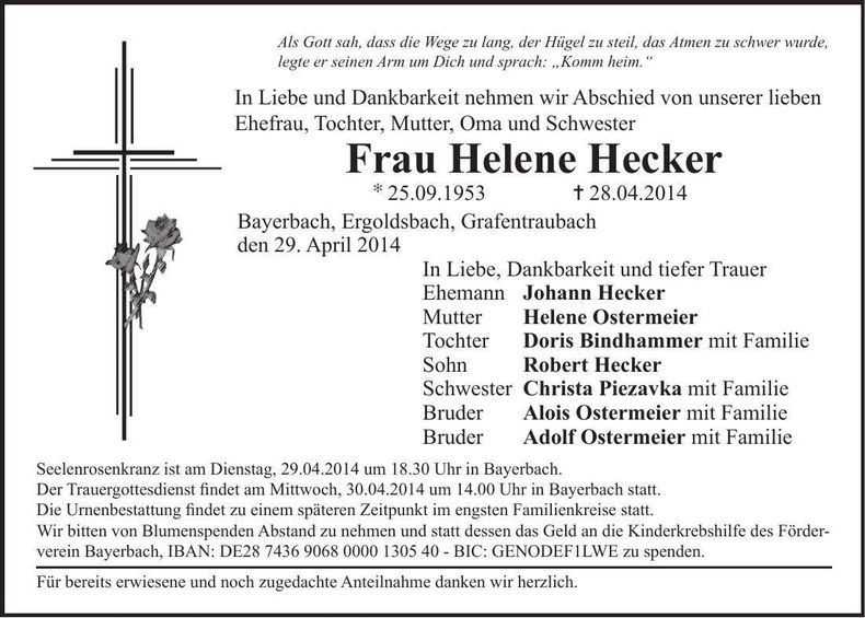 Traueranzeige Helene Hecker