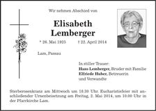 Traueranzeige Elisabeth Lemberger