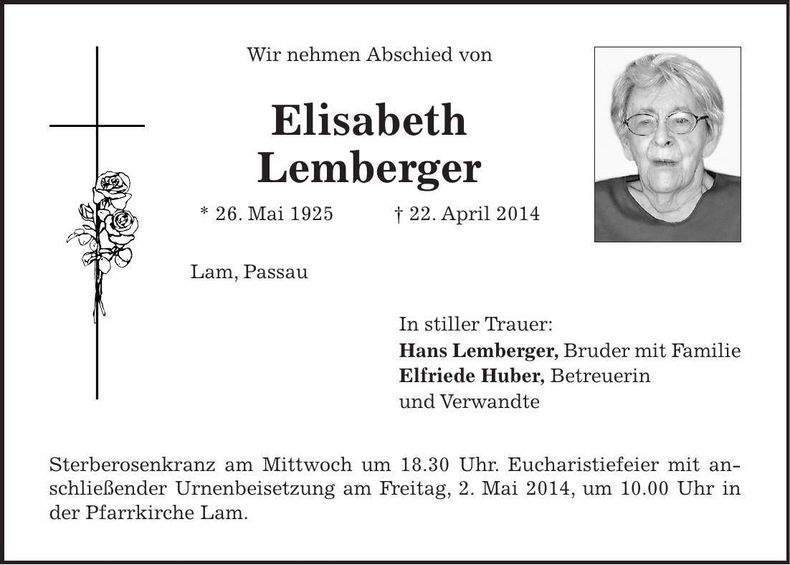 Traueranzeige Elisabeth Lemberger
