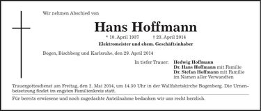 Traueranzeige Hans Hoffmann