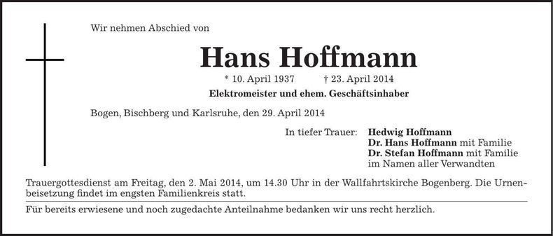 Traueranzeige Hans Hoffmann