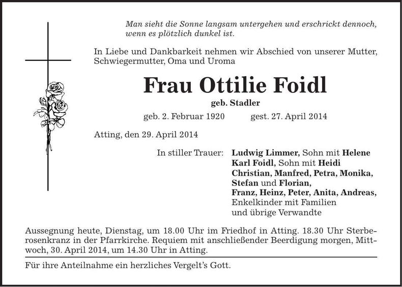 Traueranzeige Ottilie Foidl