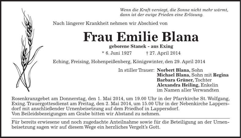 Traueranzeige Emilie Blana