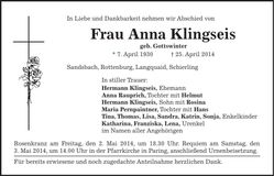 Traueranzeige Anna Klingseis