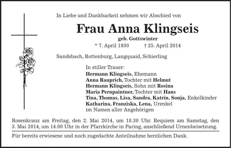 Traueranzeige Anna Klingseis