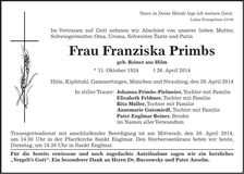 Traueranzeige Franziska Primbs