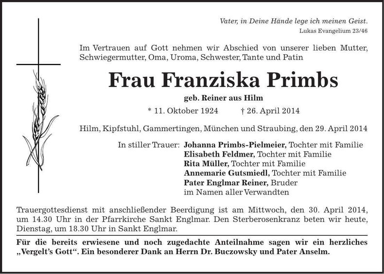 Traueranzeige Franziska Primbs