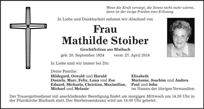Traueranzeige Mathilde Stoiber