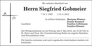 Traueranzeige Siegfried Gobmeier