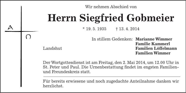 Traueranzeige Siegfried Gobmeier