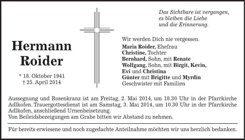 Traueranzeige Hermann Roider